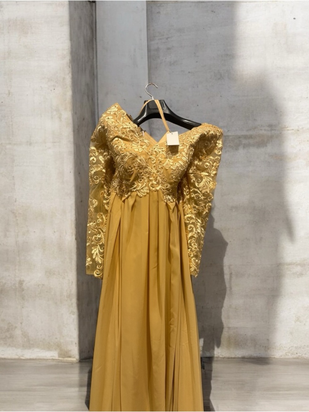 Embroidered Long Sleeve Mustard Evening Gown